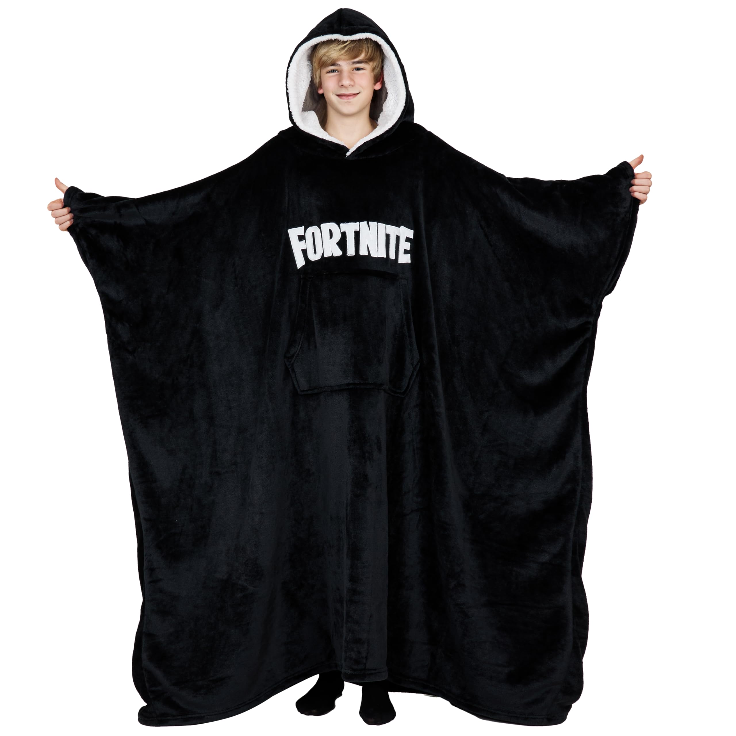 Fortnite Oversized Hoodie Blanket Kids Fleece Extra Long Wearable Blanket Hooded Poncho Boys Girls Teens 14+ (Black Long/14+)